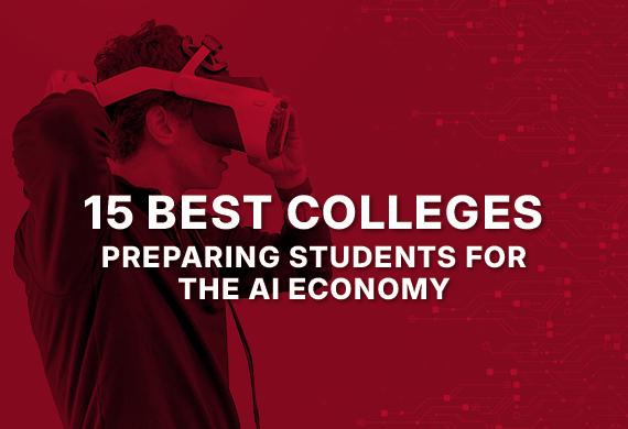 Image of student with VR goggles with text: