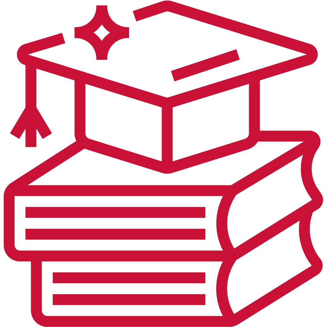 An outlined Marist red icon of a book stacked up each under a graduate cap.