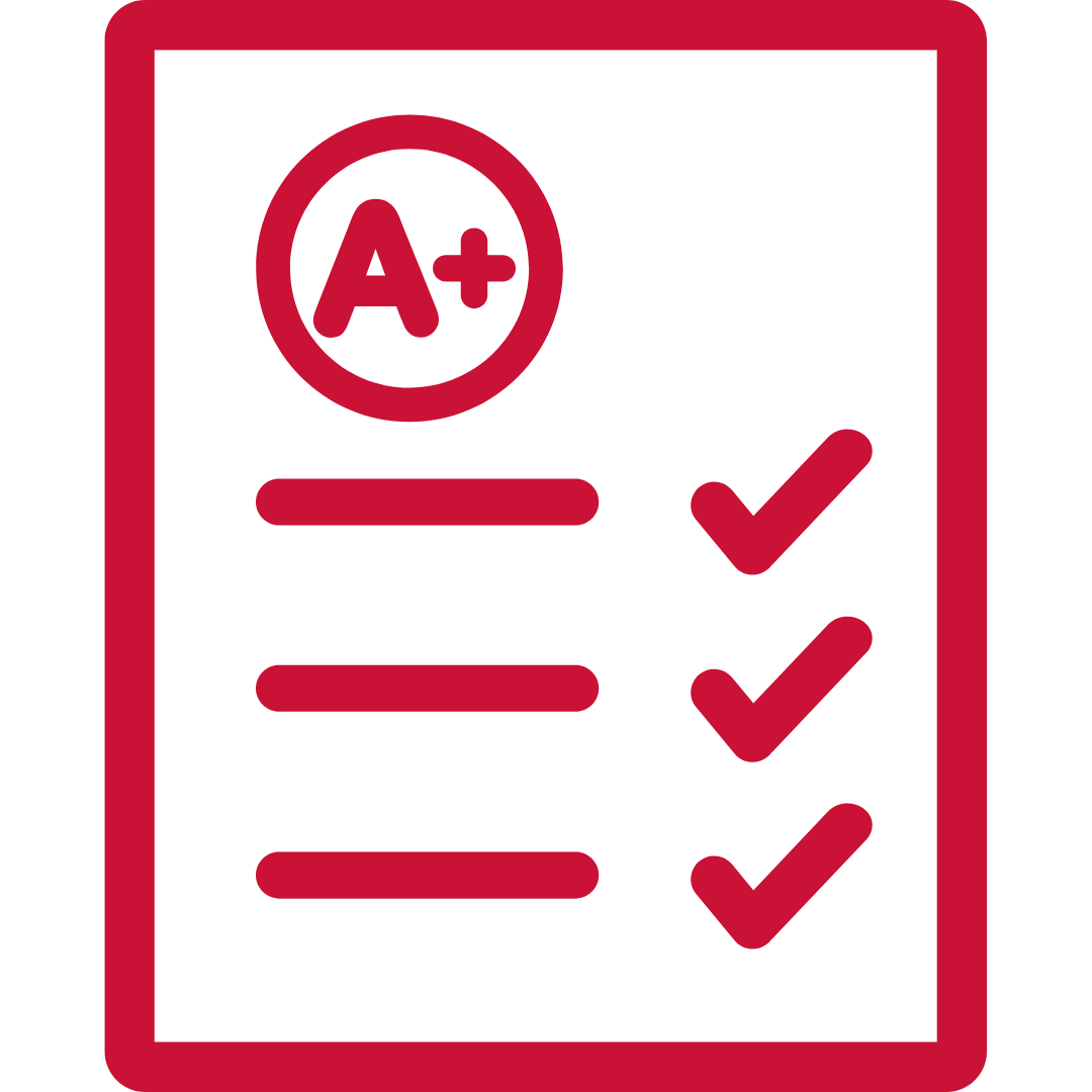 An outlined Marist red icon of a document saying A+ grade.