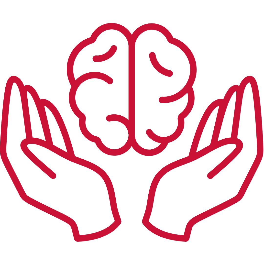 An outlined Marist red icon of a two palm protecting brain.