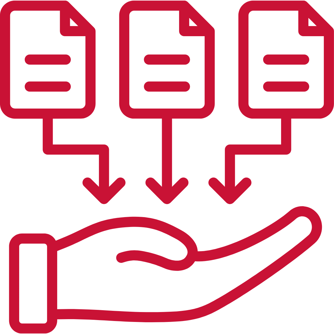 An outlined marist Red icon of a hand facing upwards with documents.