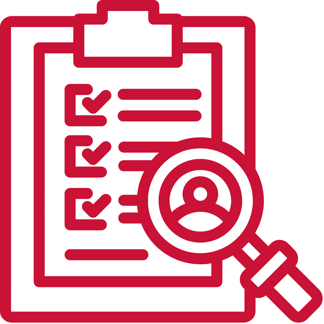 An outlined Marist red icon of a magnifying glass over a document. 