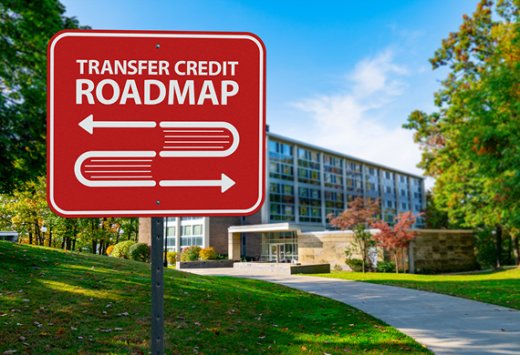 Image of Marist campus with transfer credit roadmap sign