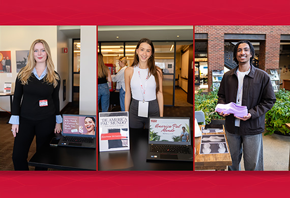 Side-by-side images of Kaitlin La Du '26, Alanna Roman '28, and Bryce Adams '28 presenting at the SCA Student Showcase.