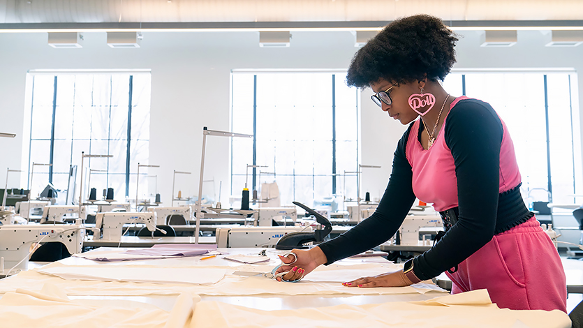 Image of fashion Design student in the First Year Studio.