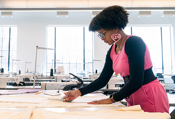 Image of fashion Design student in the First Year Studio.