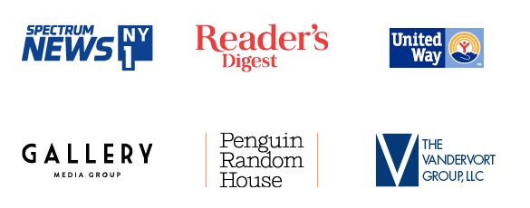 Logos of English internship locations: NY1 News Channel, Reader’s Digest, United Way, Gallery Media Group, Penguin Random House, and The Vandervort Group