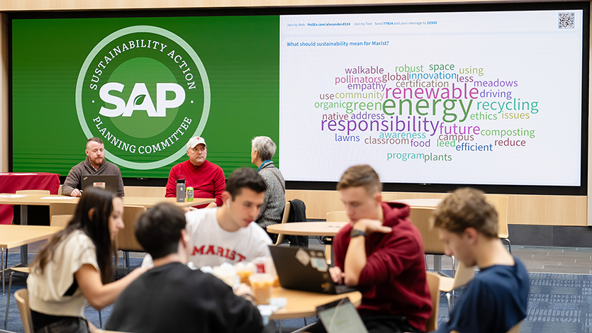 Sustainability Action Planning Committee word art on display in the Dyson Center Atrium. Photo by Nelson Echeverria/Marist College.