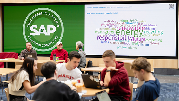 Sustainability Action Planning Committee word art on display in the Dyson Center Atrium. 