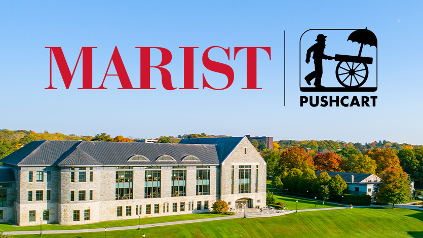 Image of library and campus green with Marist-Pushcart logo.