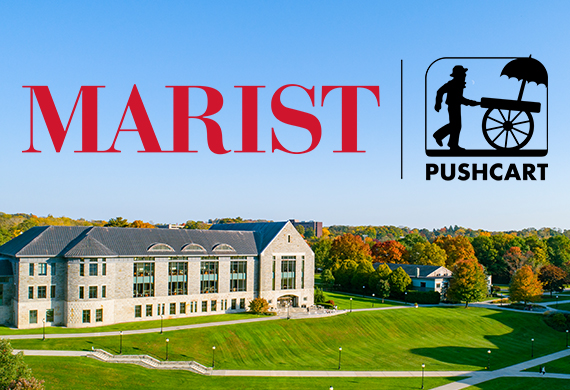 Image of library and campus green with Marist-Pushcart logo.