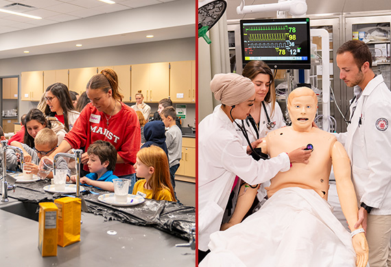 Marist students doing hands on work in child education (left) and health care. Image by Carlo de Jesus/Marist.