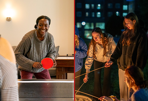 Students playing ping pong (left) and roasting marshmallows (right). Image by Carlo de Jesus.