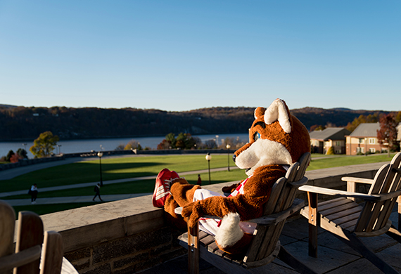 An image of Frankie the Marist mascot looking at the Hudson River