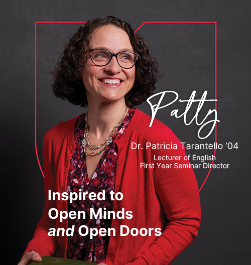 Image of Patty Tarantello with text reading "Inspired to Open Minds and Open Doors."