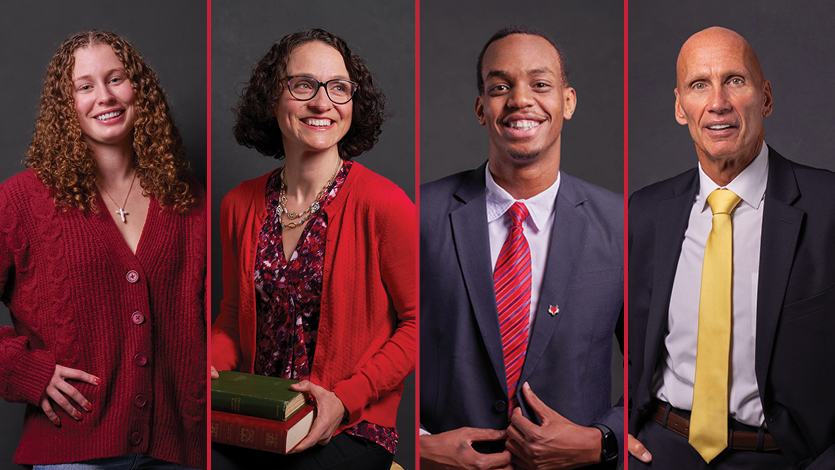 From left to right: Jackie Piddock ’26, Dr. Patty Tarantello ’04, Loik Makuza ’25, and Jack Oehm ’80.