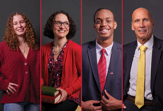 Side-by-side images of Jackie Piddock '26, Dr. Patty Tarantello '04, Loik Makuza '25, and Jack Oehm '80.