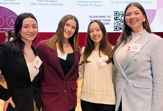 From left to right: Olivia Listro ’26, Kailey Levinson ’25, Kara Macdonald ’25, and Sara Brzovski ’26 attend the Women in Business conference at Harvard University. Photo courtesy of Katelyn Giordano.