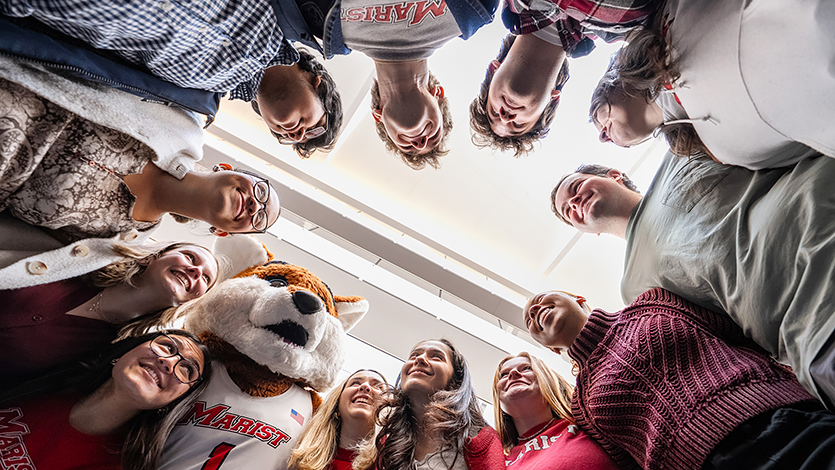 Marist students join Frankie in the Dyson Center to get ready for the 2025 Day of Giving. Photo by Nelson Echeverria/Marist University.