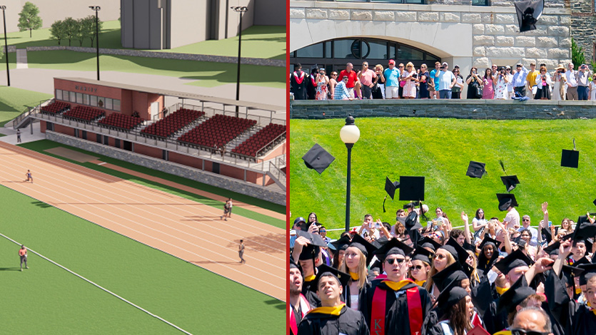 Side-by-side image of Track and Turf Field rendering and commencement.