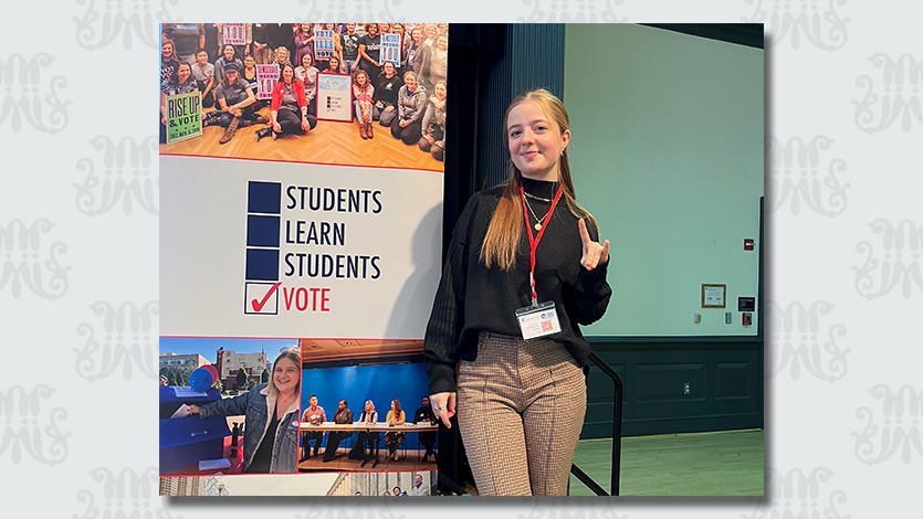 Image of Sylvia Wysor ’26 at the national ‘Students Learn Students Vote’ event at the University of Maryland in November