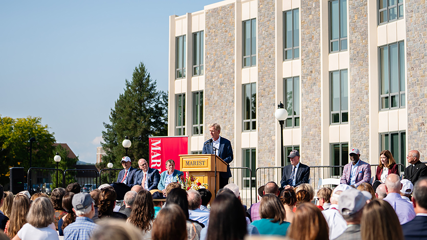 Image of President Weinman speaking at Dyson Center ribbon-cutting.