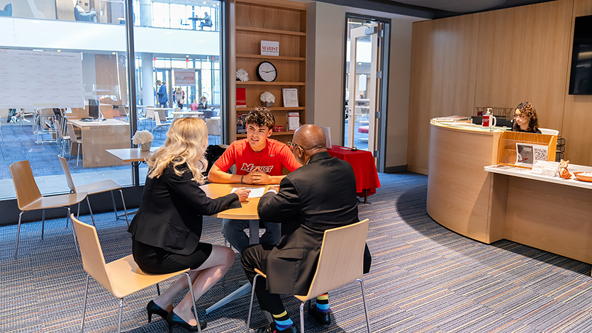 Brendan Madden ’26 gets career advice from Dr. Mary Jones, Executive Director of the Center for Career Services, and Desmond Murray, Associate Director of the Employer Experience for the Center for Career Services, now located on the first floor of the Dyson Center. 