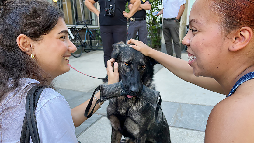 Image of students with fire safety dog.