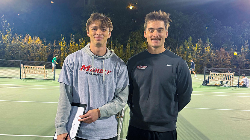 Image of Drew McCauley '26 and Garrett Kronenberger '25 enjoying their shift as student referees for pickle-ball and tennis.