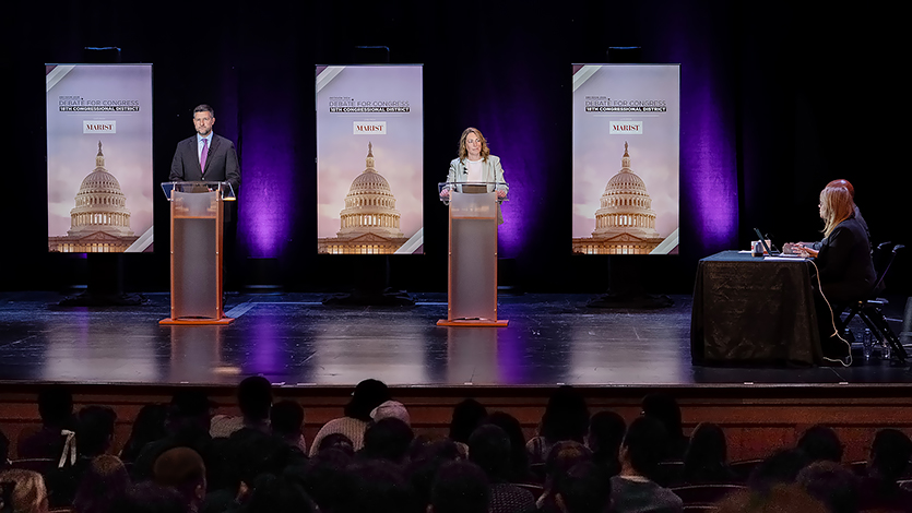 Image of Democratic incumbent Rep. Pat Ryan and Republican challenger Alison Esposito taking part in a debate in the Nelly Goletti Theatre on Oct. 16.