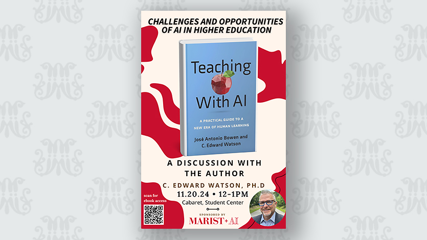 Graphic of "Teaching with AI" book cover and event information.