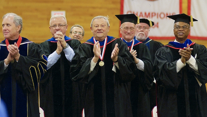 Joseph T. Negler (front row and center) receiving the Distinguished Alumni Award at the 2008 Marist Commencement.